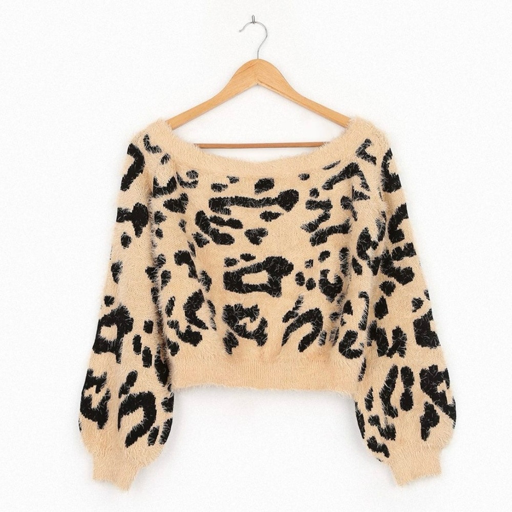 Leopard Print Off-the-Shoulder Fuzzy Sweater
